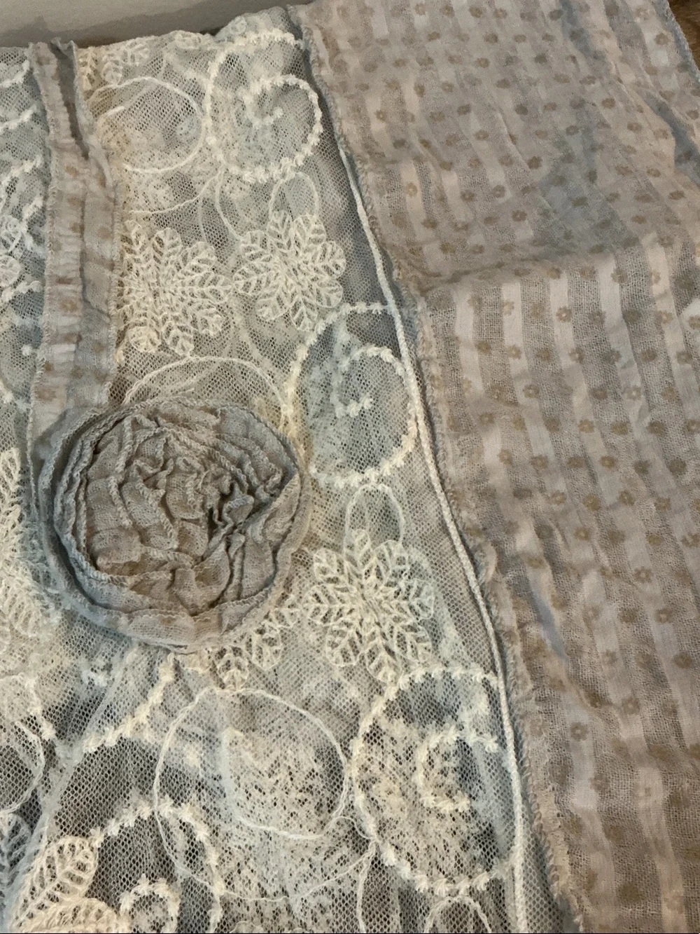 Boho Lace & Crochet Soft Scarf in Light Gray & Cream 62” x 15.5” EUC